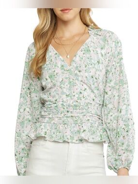 Entro NWT My Younger Self Mint Green Pink‎ Floral Wrap Blouse Medium